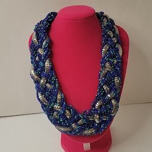 Blue Beaded Silver Chain Chunky Braided Collar Statement 15" Necklace